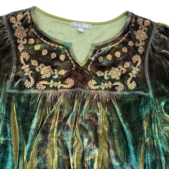 Velvet Embroidered Mesh Babydoll Top Green Artsy Whimsigoth Dark Fairy Grunge-1X - Picture 2 of 16